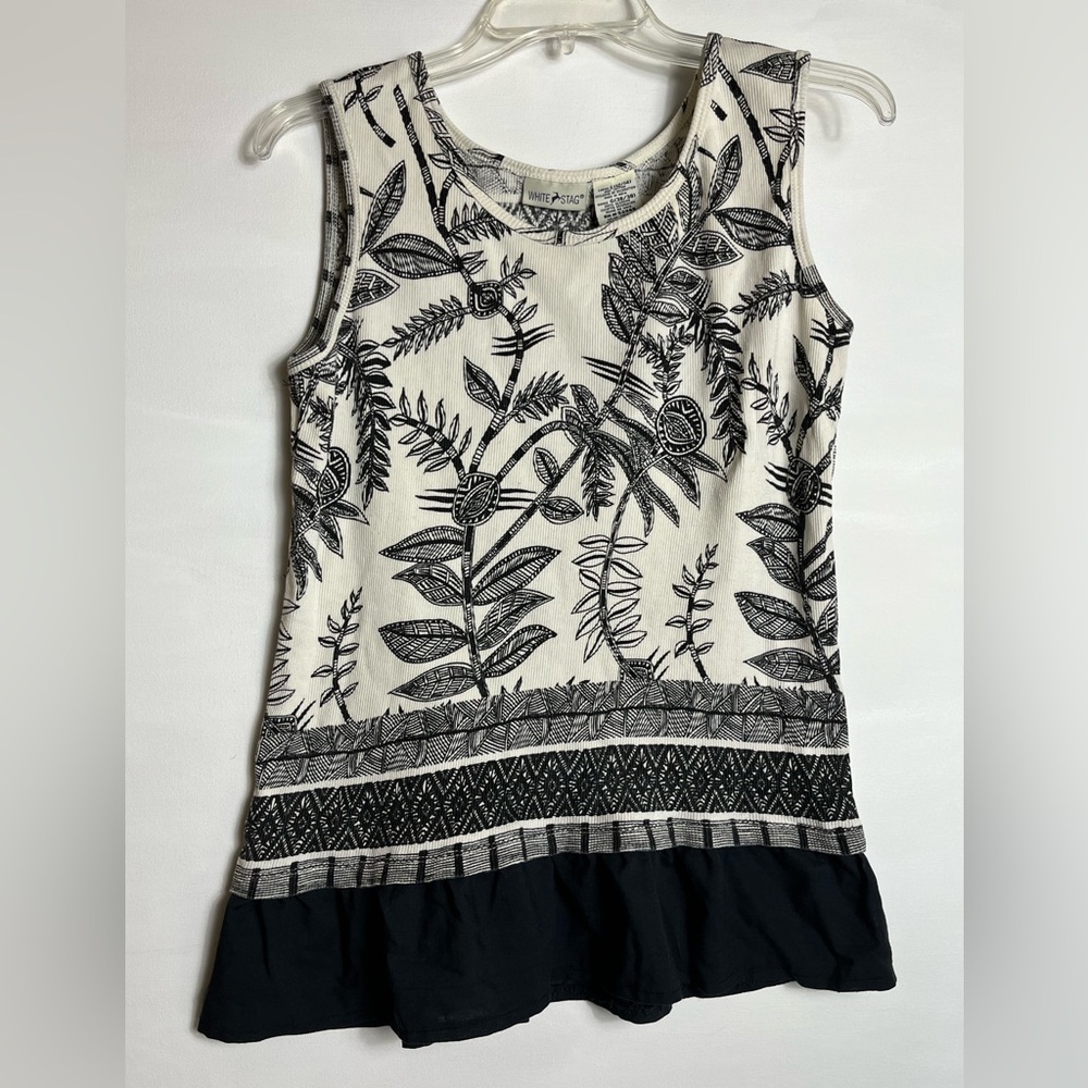 White Stag Women’s Black & Cream Colored Floral Sleeveless Shirt Blouse Sz 12/14